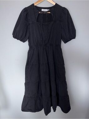 Greylin Black Puff-Sleeve Tiered Midi Dress with Tie Neck